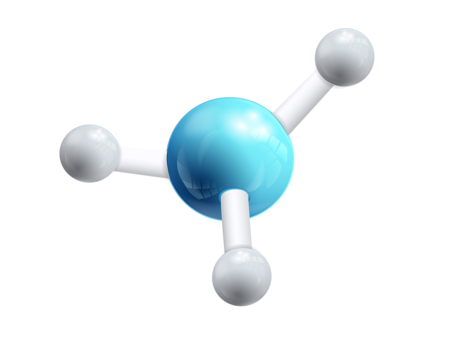 Model of 3d molecule object consisting of three white atoms and one big blue joined by the small elements isolated vector illustration